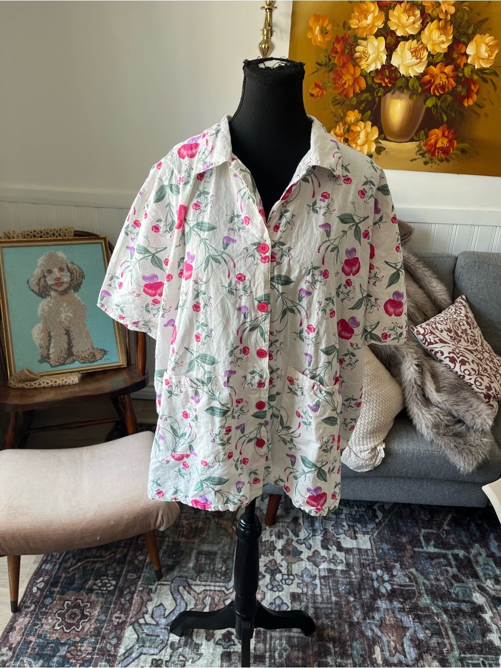Women’s Vintage White Floral Button-Up Shirt with Pink Blooms Size 3X